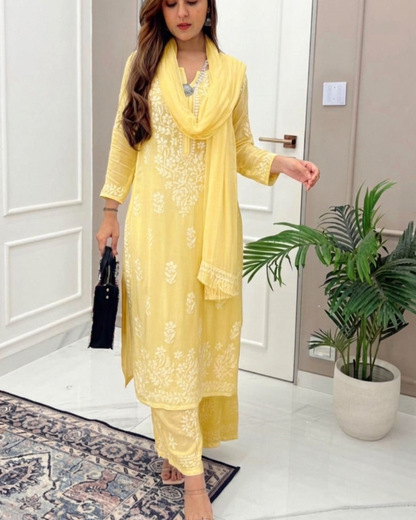Pastel Yellow Ethereal Dyeable Modal Chikankari Kurta Set (Latest)