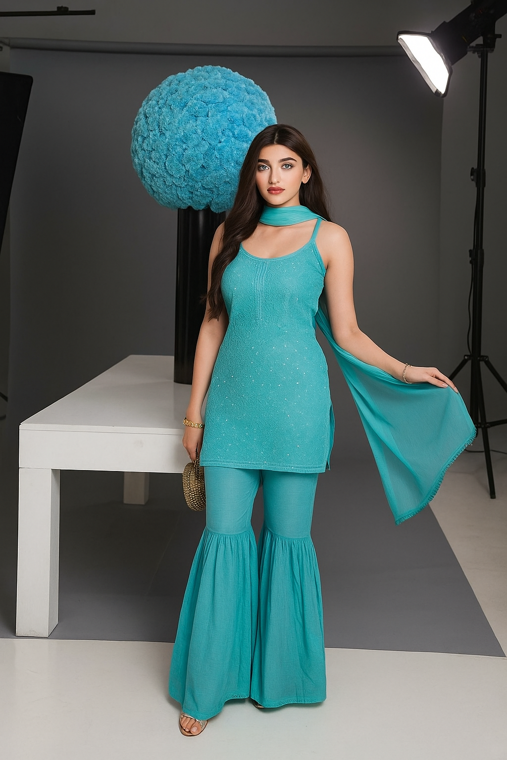 Aqua Blue Handcrafted Lucknow Chikankari Strappy Gharara Set (New)