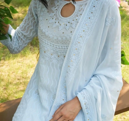 Pastel Blue Viscose Chikankari Kurta and Palazzo Set with Mukaish Work (New| Limited Stock)