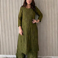 Deep earthy Olive Green Lucknowi Chikankari Anchor Thread 3D Work Muslin Kurta & Palazzo Set