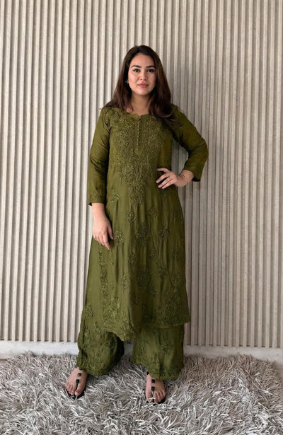 Deep earthy Olive Green Lucknowi Chikankari Anchor Thread 3D Work Muslin Kurta & Palazzo Set