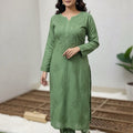 Pastel Green Lucknow Chikankari Handcrafted Muslin Kurti with Cutwork Embroidery Pant Set