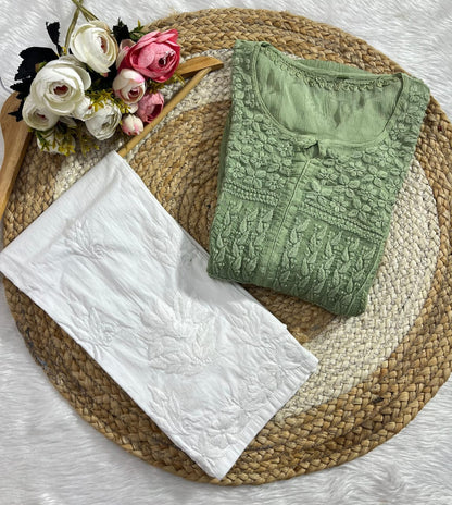 Pastel Green Chinon Nyra Style 3D handwork Lucknow Chikankari Kurti Set