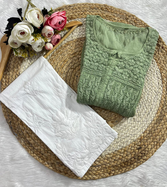 Pastel Green Chinon Nyra Style 3D handwork Lucknow Chikankari Kurti Set