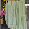 Pastel Green Lucknow Chikankari Resham Work Viscose Short Kurti & Gharara Set with Chiffon Dupatta