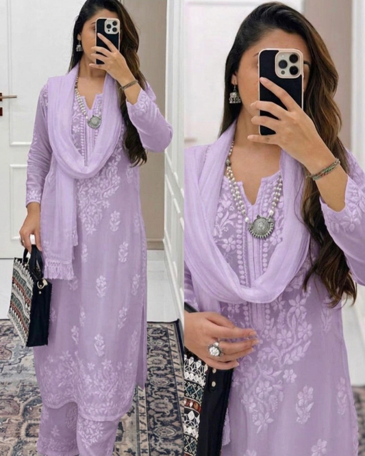 Pastel Lavendar Ethereal Dyeable Modal Chikankari Kurta Set (Latest)