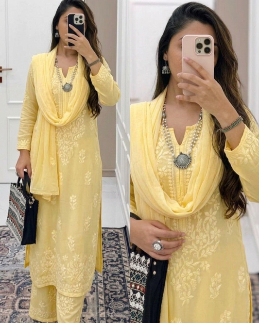Pastel Yellow Ethereal Dyeable Modal Chikankari Kurta Set (Latest)