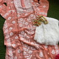 Peach Beautiful 3D Viscose Lucknow Chikankari Work Kurti and Pallazo