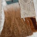 Peach Brown Chikankari Elegance Ombré Mirror Booti Jaal Set - Kurti, Sharara & Dupatta