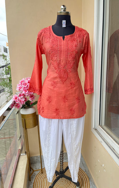 Peach Chanderi Silk Short Chikankari Kurti and Cotton Dhoti Tulip Pant Co-ord Set - Inayakhan Shop 