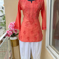 Peach Chanderi Silk Short Chikankari Kurti and Cotton Dhoti Tulip Pant Co-ord Set