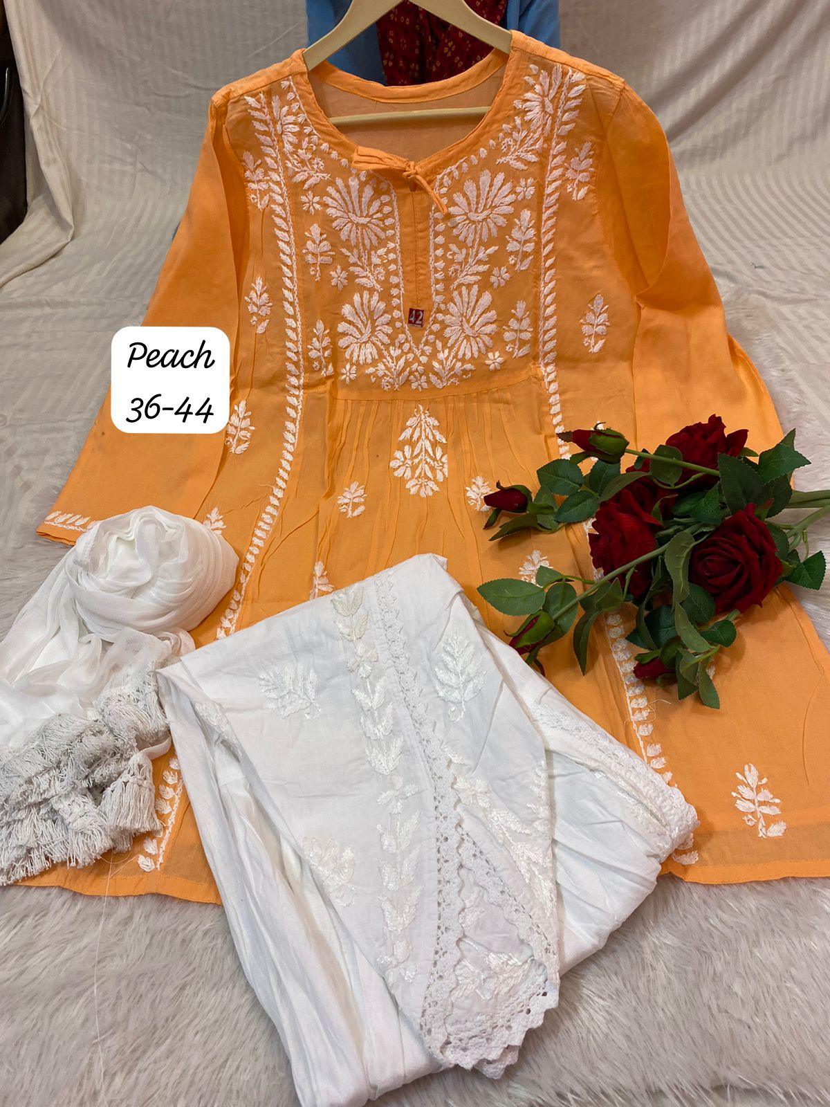 Peach Chic Chikankari Tulip Trio Combo - Inayakhan Shop 