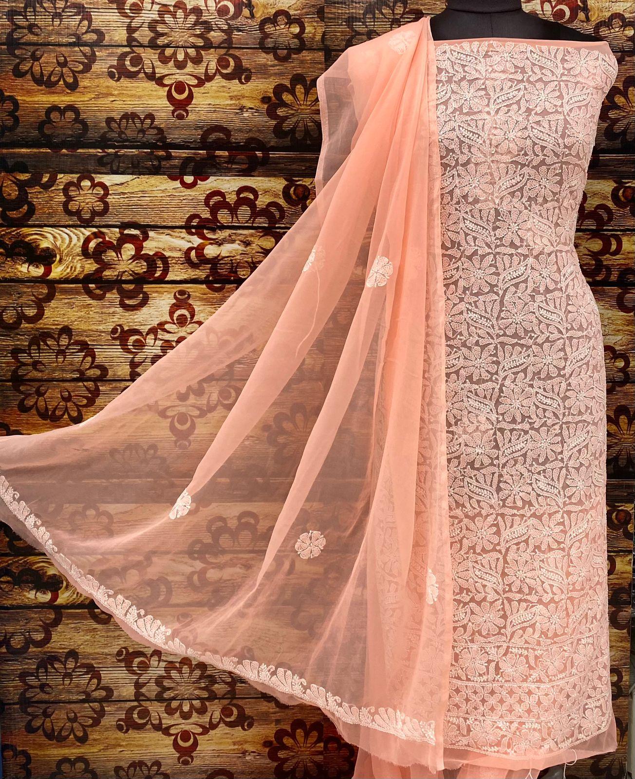 Peach Chiffon Georgette 3-Pc Suit with Intricate Handwork Embroidery All Over Kurta Latest Online - Inayakhan Shop 