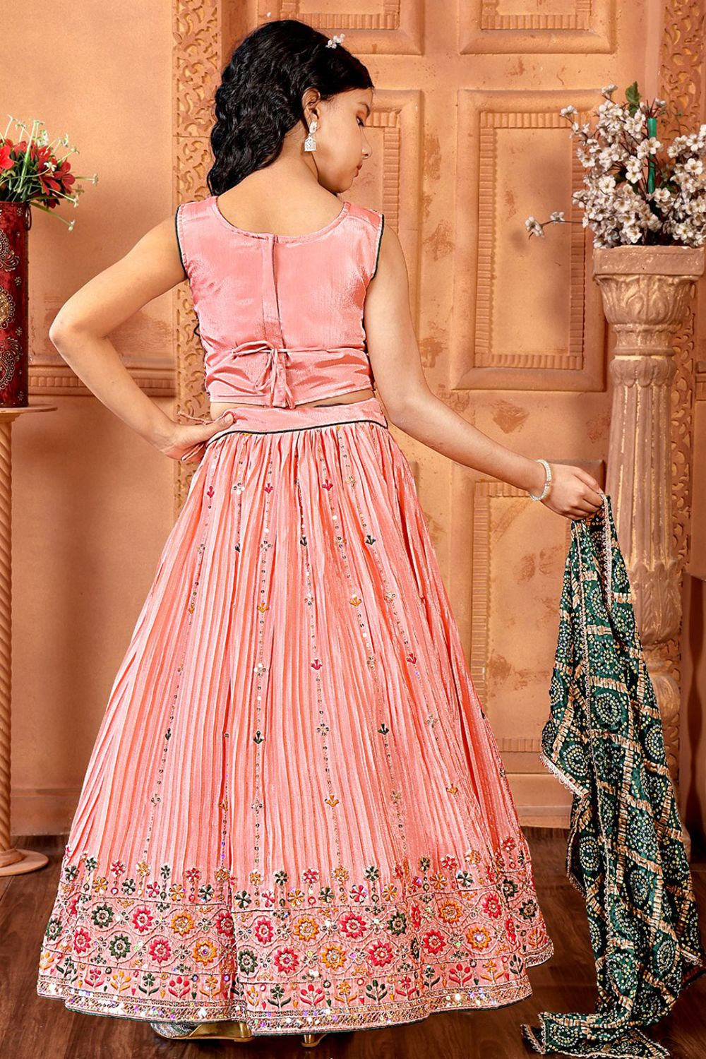 Pink Kids Lehenga Choli with Multicolor Embroidery