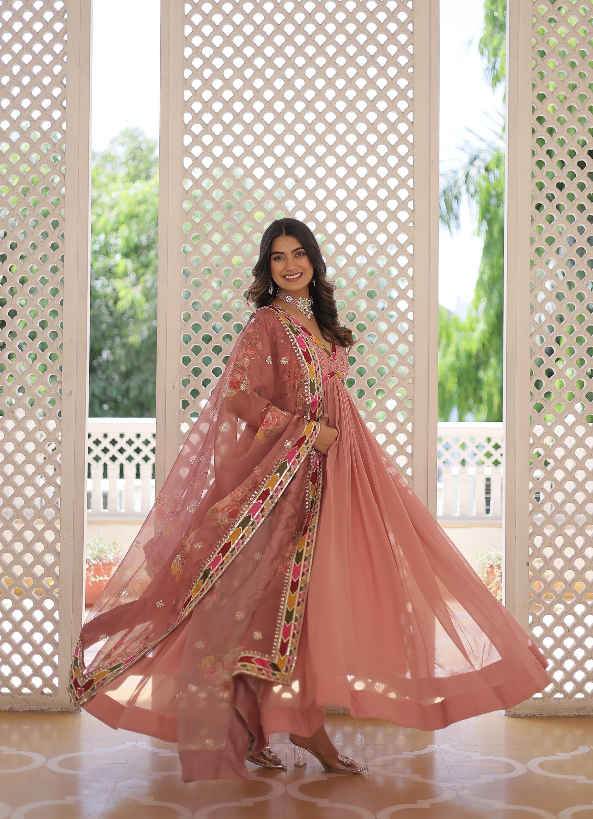 Peach Color Premium Readymade Alia Cut Gown with Dupatta Set - Inayakhan Shop 