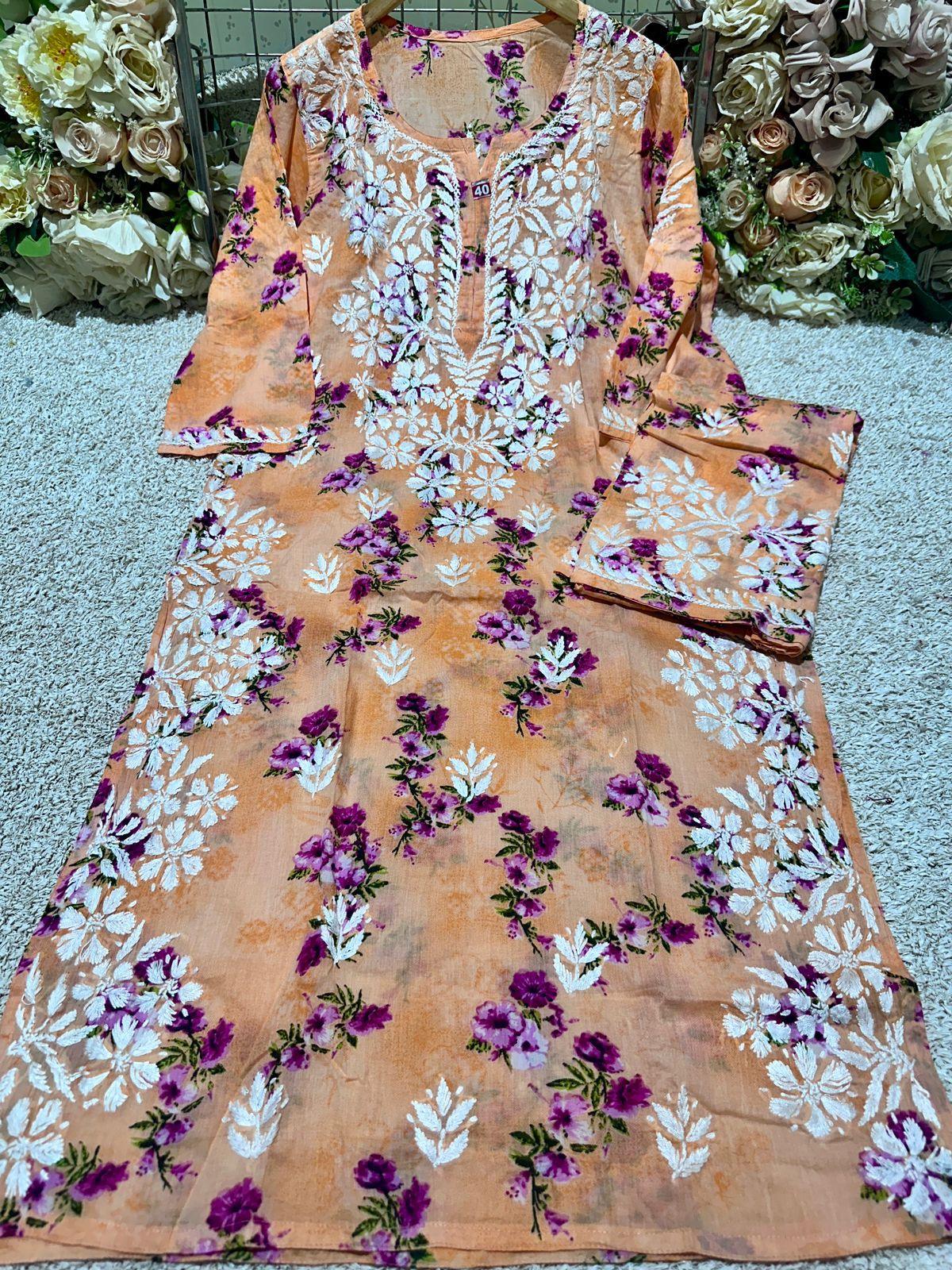 Peach Enchanting Floral Elegance MulMul Set with Heavy Side Border Work - Inayakhan Shop 