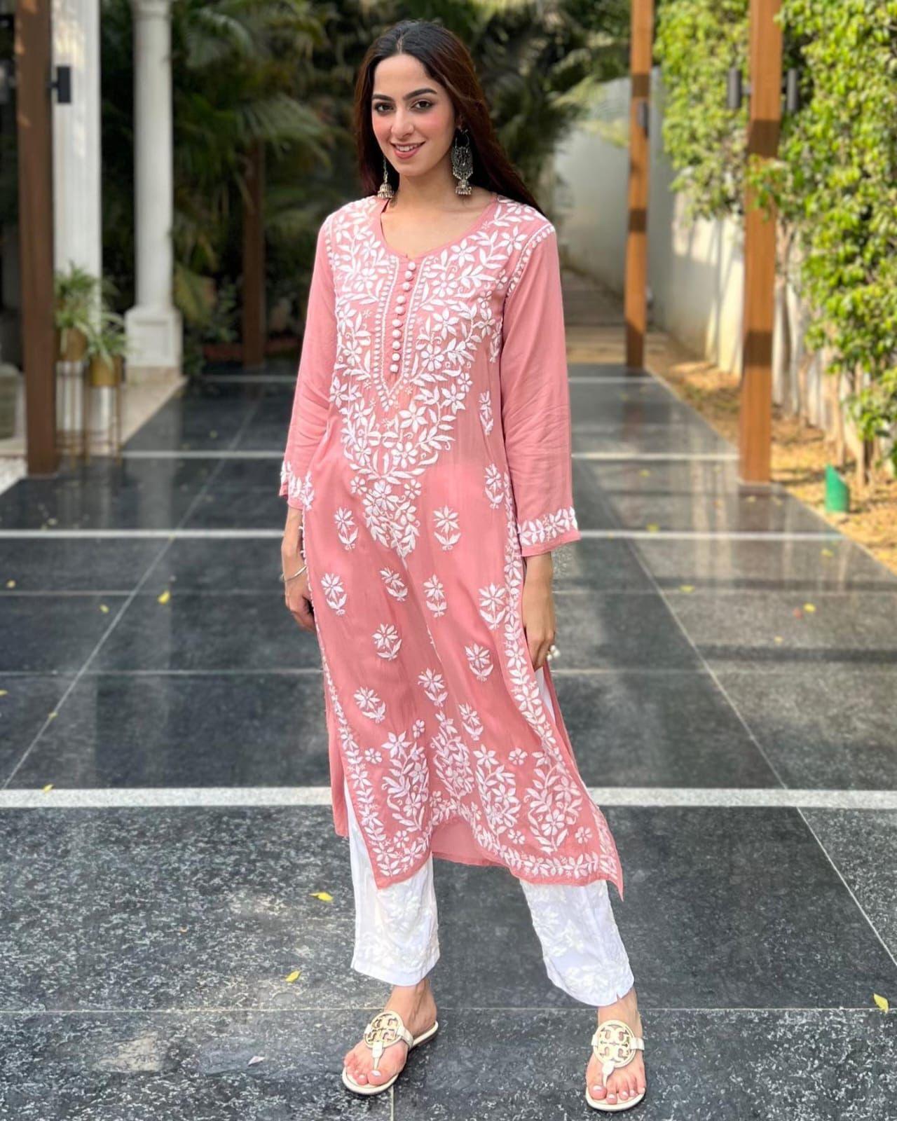 Peach Ethereal Elegance Cotton Chikankari Kurta and Pant Set - Inayakhan Shop 