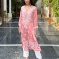 Peach Ethereal Elegance Cotton Chikankari Kurta and Pant Set