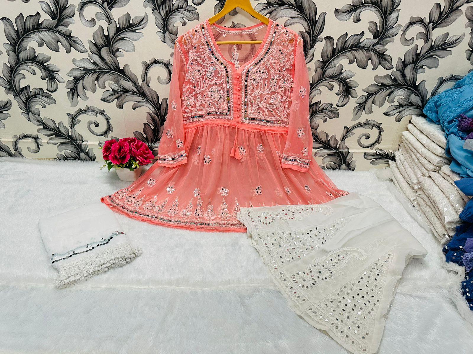 Peach Glimmering Georgette Mirror Work Short Gown, Dupatta, and Sharara Full Combo Set - Inayakhan Shop 