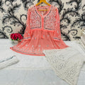Peach Glimmering Georgette Mirror Work Short Gown, Dupatta, and Sharara Full Combo Set