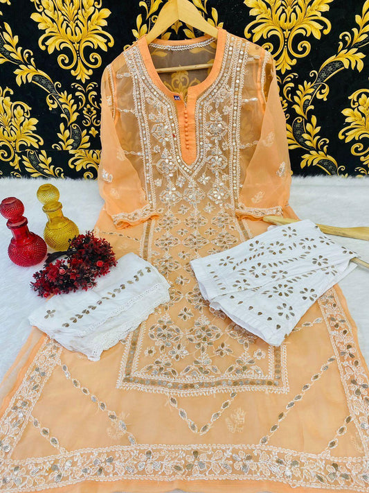 Peach Graceful Lucknawi Georgette Chikankari GotaPatti Ensemble (Inner Included) - Inayakhan Shop 