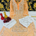 Peach Graceful Lucknawi Georgette Chikankari GotaPatti Ensemble (Inner Included)