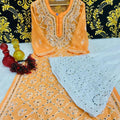 Peach Graceful Lucknawi Georgette Chikankari Mirror Kurti with Mirror Sharara (INNER INCLUDED)