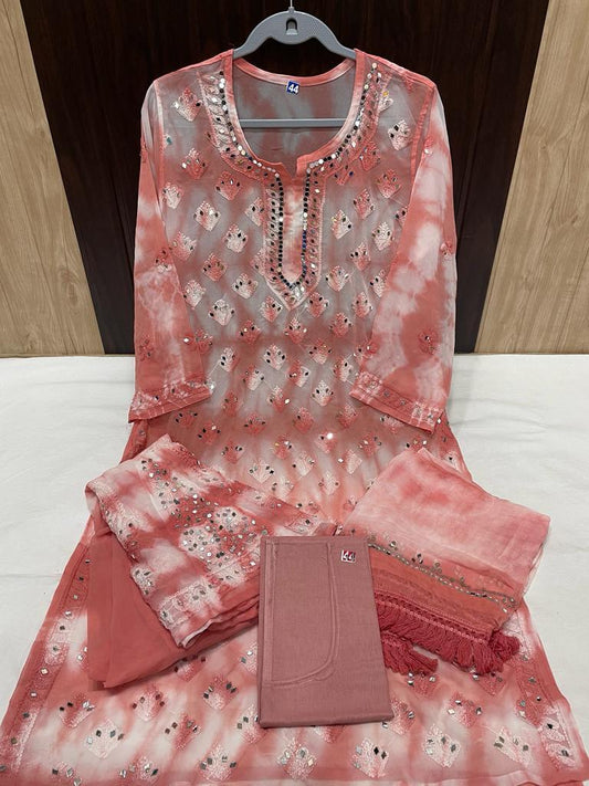 Peach Groovy Reflections Tie Dye 3-Piece Chikankari Mirror Set with Inner Delight - Inayakhan Shop 