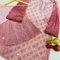 Peach Lucknawi Jaal - Chikankari Festive Set - Kurti, Sharara & Dupatta -(Inner Included)