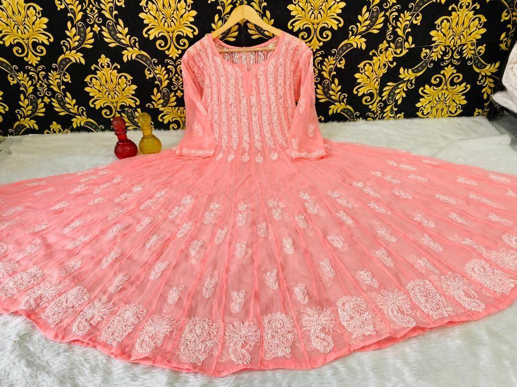 Peach Lucknow Chikankari Anarkali Gown 56 inch Kali - Inayakhan Shop 