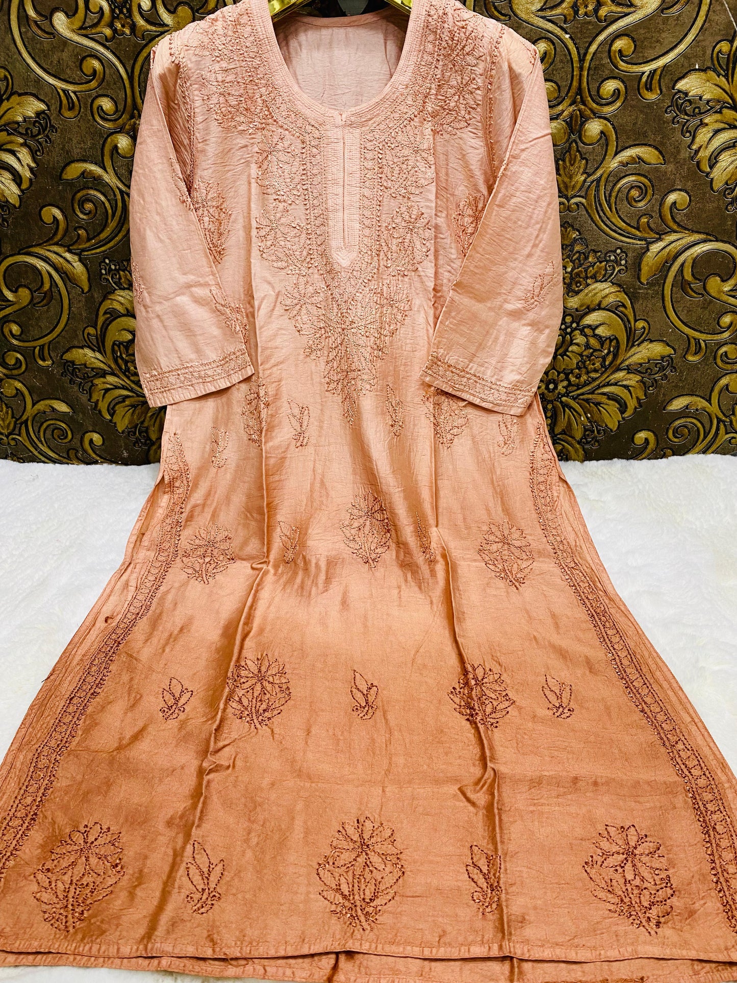 Peach Lucknowi Chikankari Beautiful Premium Chanderi Resham Work Kurti - Inayakhan Shop 