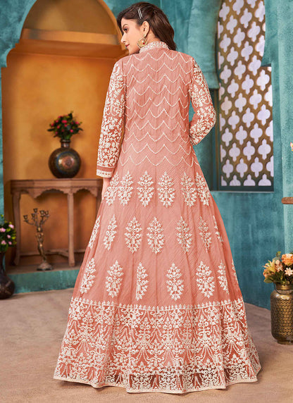 Peach Sequins Embroidered Elegant Front-Slit Anarkali Gown for Special Occasions