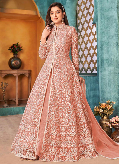 Peach Sequins Embroidered Elegant Front-Slit Anarkali Gown for Special Occasions