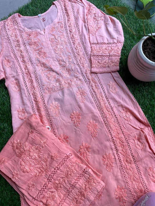 Peach Pink Chikankari Designer Pant Set in Modal Fabric - Inayakhan Shop 