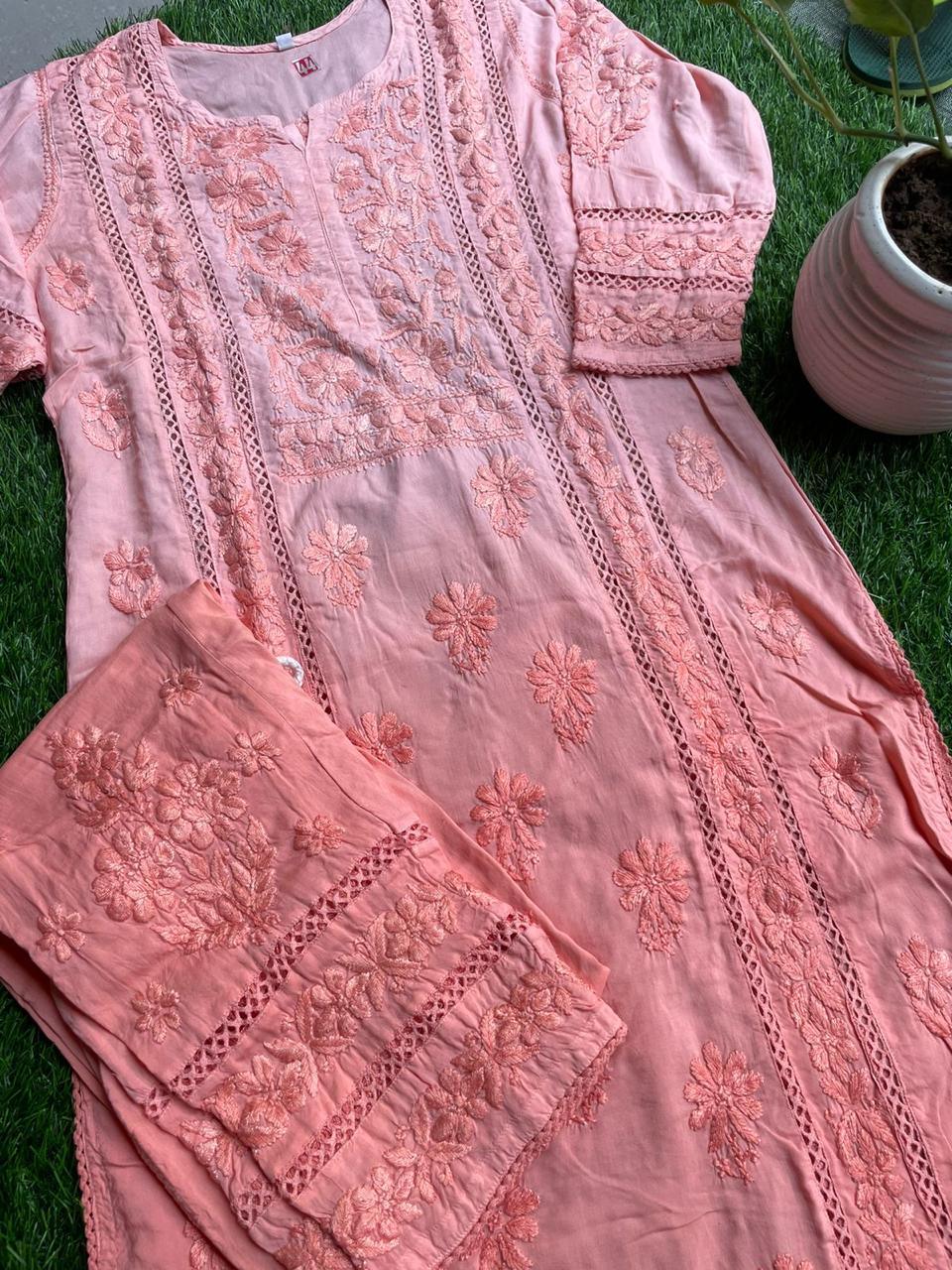 Peach Pink Chikankari Designer Pant Set in Modal Fabric - Inayakhan Shop 