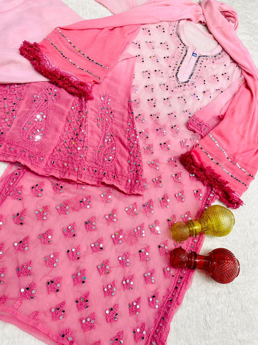 Peach Pink Enchanting Lucknawi Jaal - Chikankari Festive Set - Kurti, Sharara & Dupatta -(Inner Included) - Inayakhan Shop 