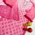 Peach Pink Enchanting Lucknawi Jaal - Chikankari Festive Set - Kurti, Sharara & Dupatta -(Inner Included)