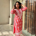 Peach Pink Modal Fabric Lucknow Chikankari Kurti Palazzo Set