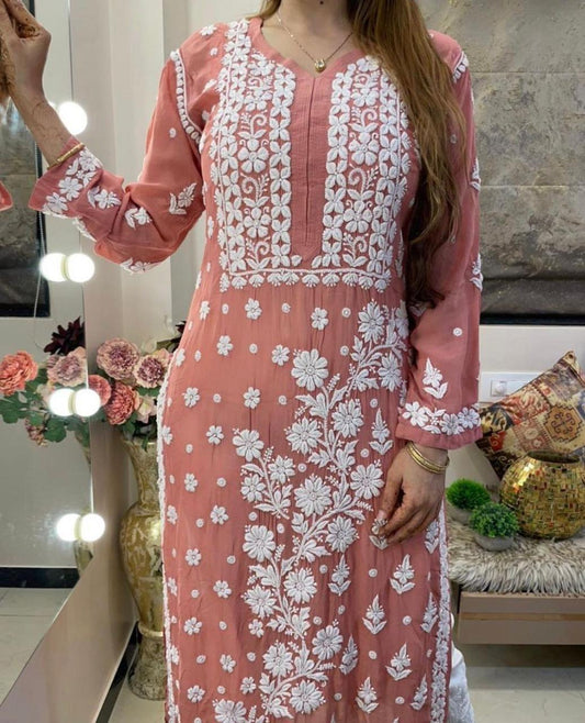 Peach Premium 3D Jasmine Maslin Kurti with White Pallazo (Limited Stock) - Inayakhan Shop 