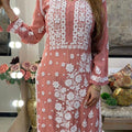 Peach Premium 3D Jasmine Maslin Kurti with White Pallazo (Limited Stock)