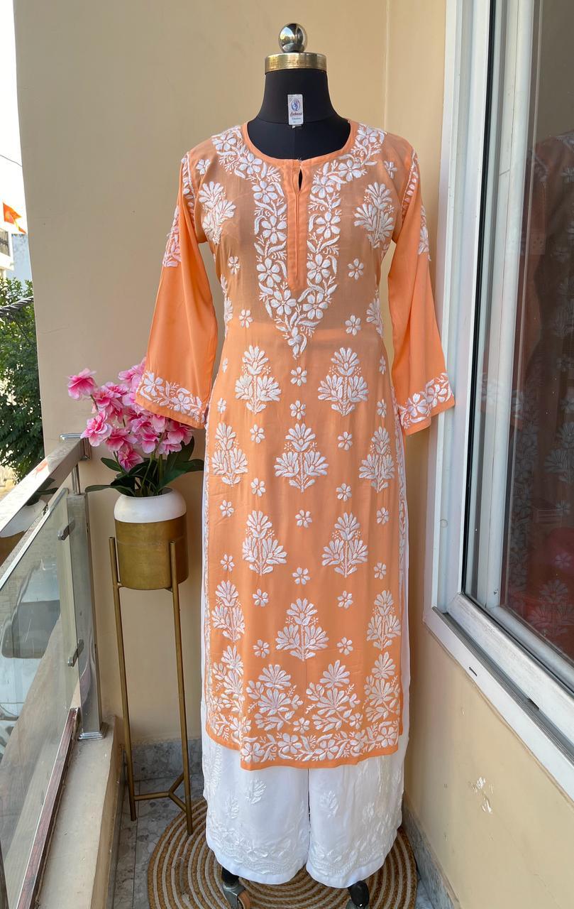 Peach Premium Modal Lucknowi Chikankari Kurti and Rayon Plazo Set - Inayakhan Shop 