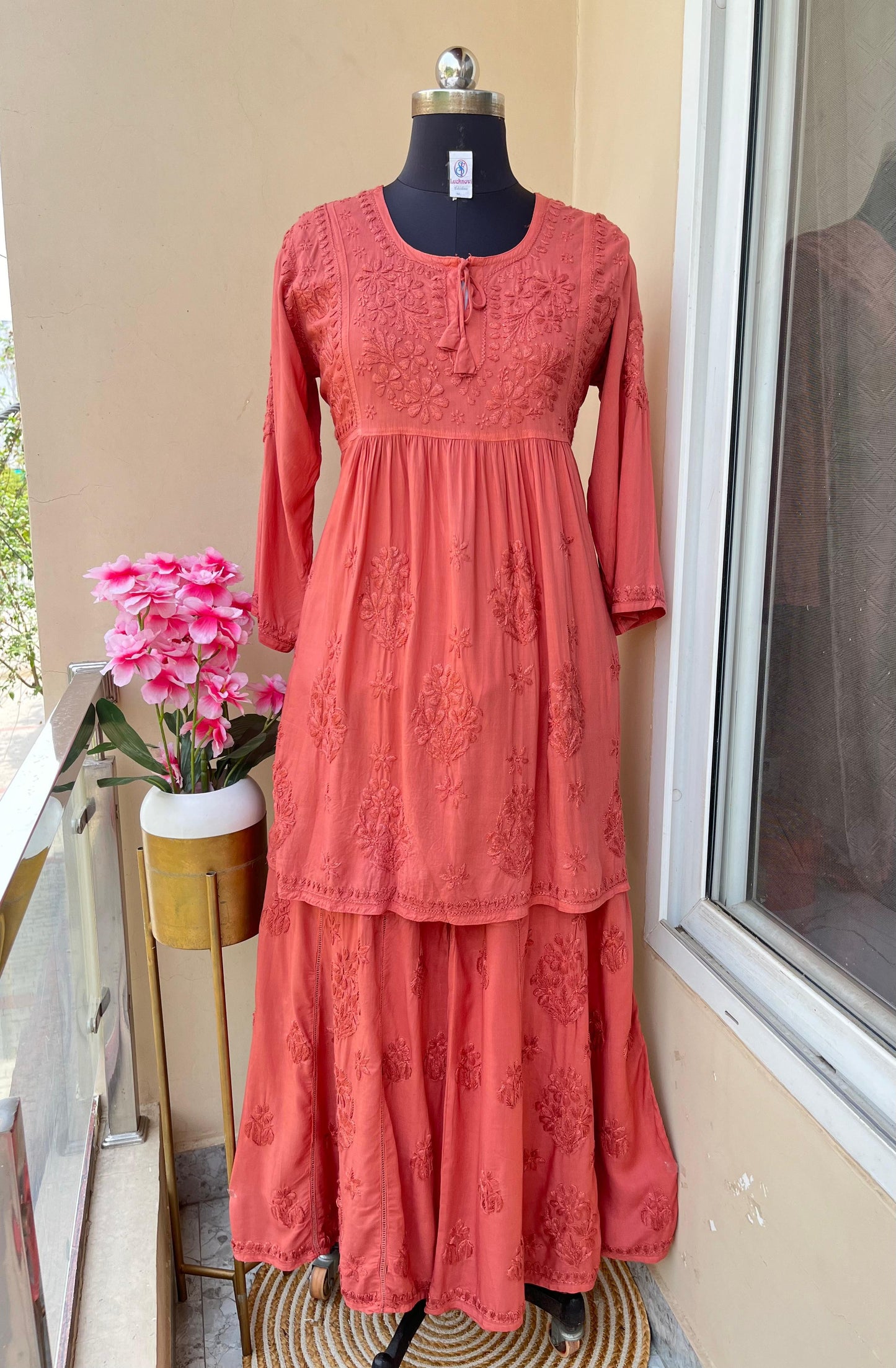 Peach Premium Modal Silk Chikankari Kurti and Gharara Set Limited Stock - Inayakhan Shop 