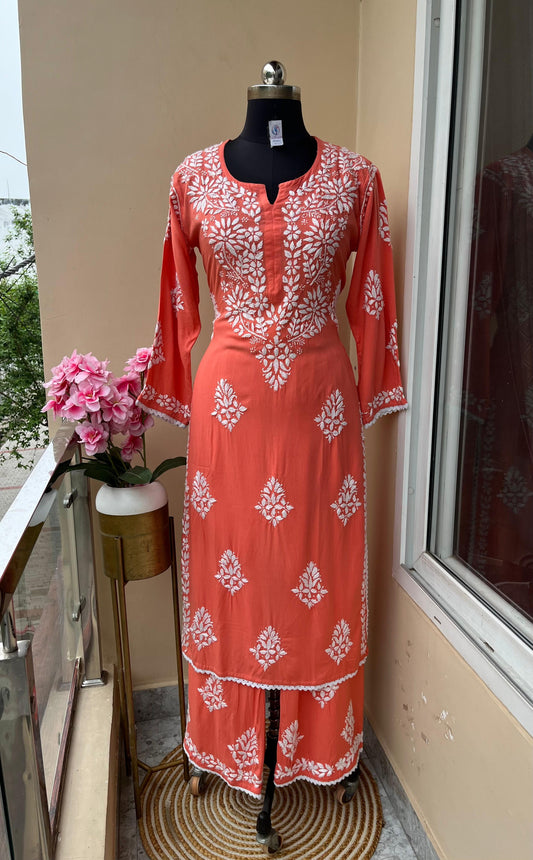 Peach Premium Rayon Lucknow Chikankari Kurti and Pallazo Set - Inayakhan Shop 