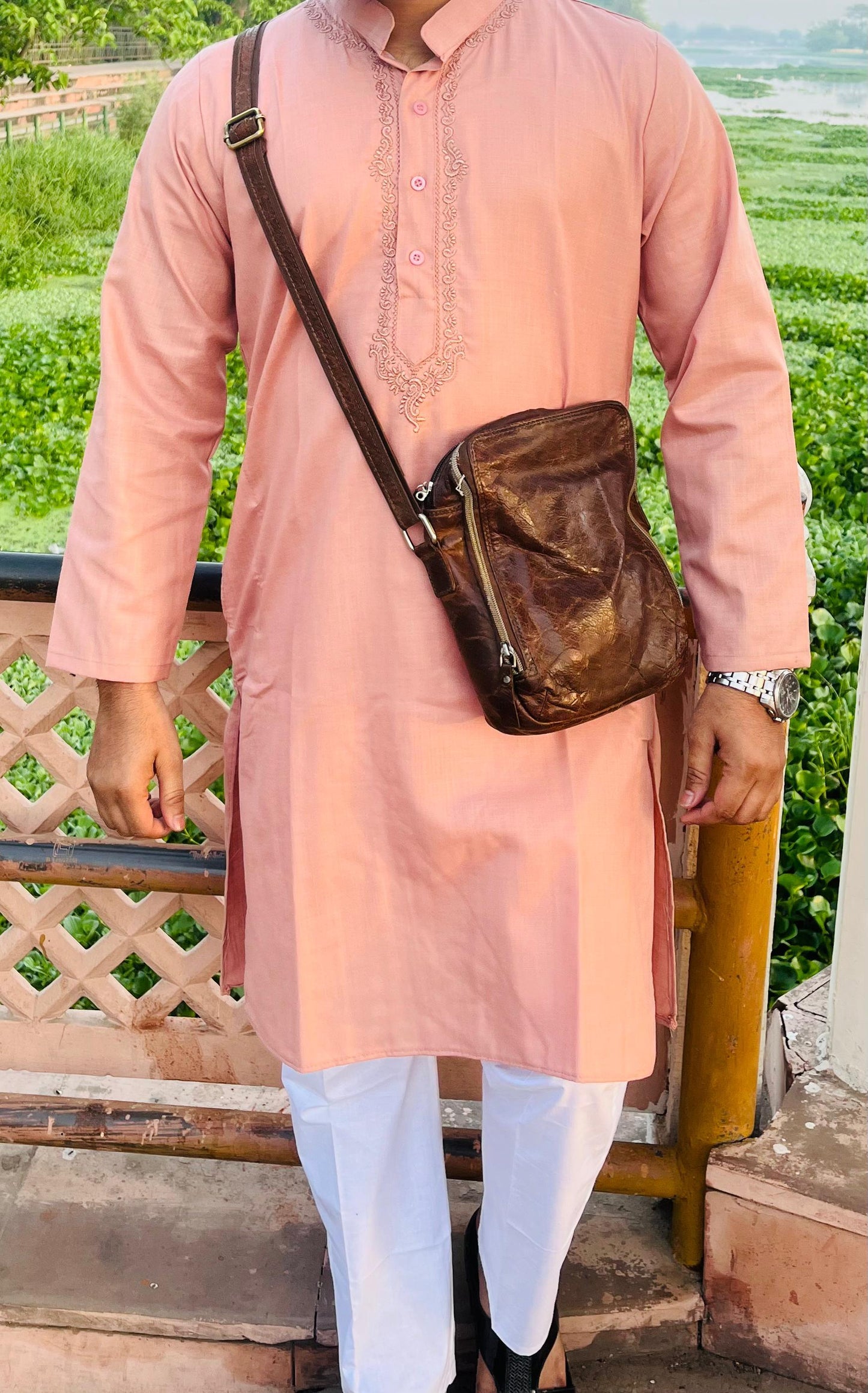 Peach Regal Essence Men's Embroidered Kurta Set - Inayakhan Shop 