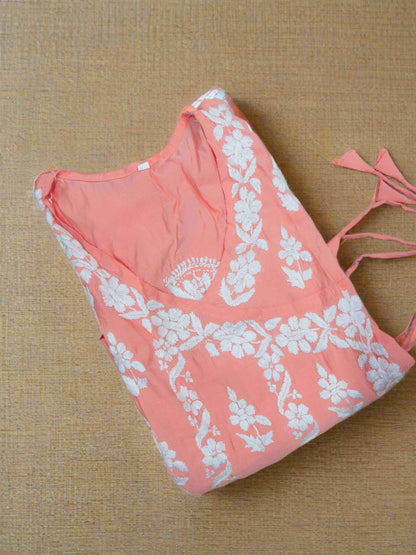 Peach Roman Silk Chikankari Angrakha Kurti and Pant Set - Inayakhan Shop 