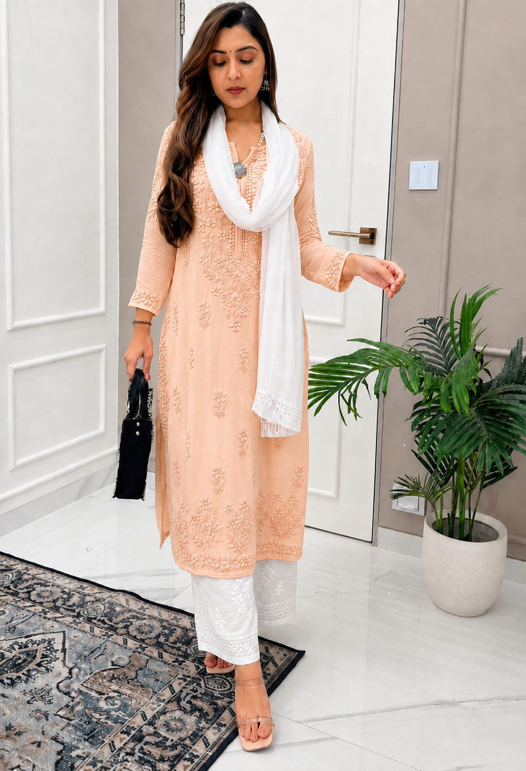 Peach and White Ethereal Dyeable Chikankari Kurta Set (Latest Summer Colors)