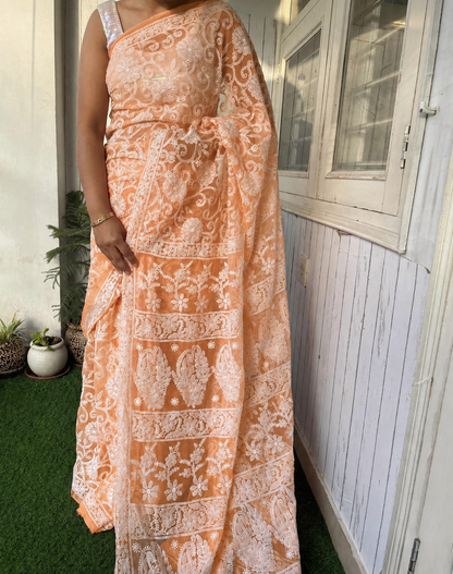 Peach Orange Color Full Jaal Chikankari Saree by Inayakhan (New)
