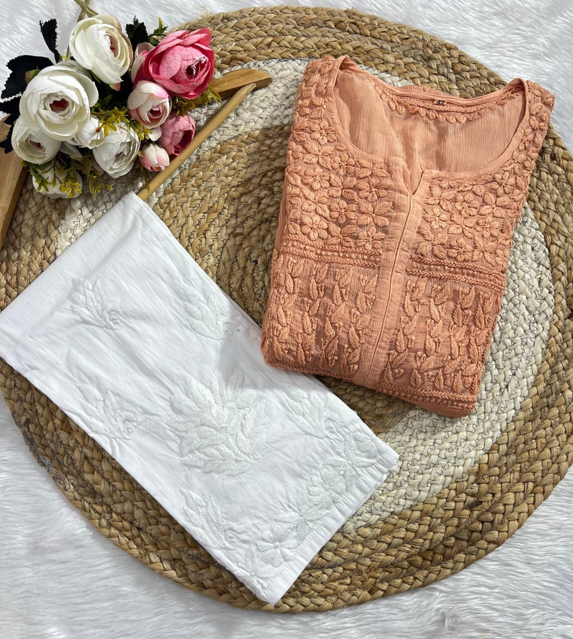 Peach Chinon Nyra Style 3D handwork Lucknow Chikankari Kurti Set