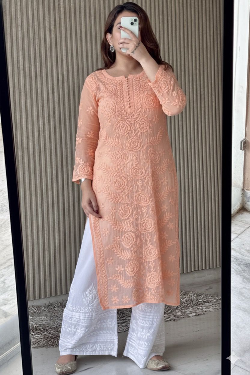 Peach Lucknowi Chikankari Rose Viscose Georgette Kurta Set