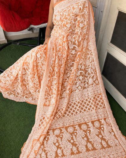 Peach Orange Color Full Jaal Chikankari Saree by Inayakhan (New)